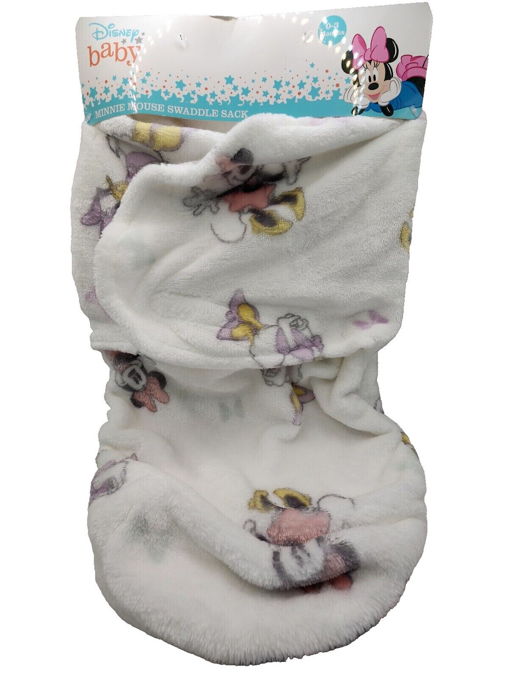 NEW DISNEY BABY SWADDLE SACK MICKEY MOUSE WHITE FLEECE CLOSES SNUGLY HEAD LOGOS